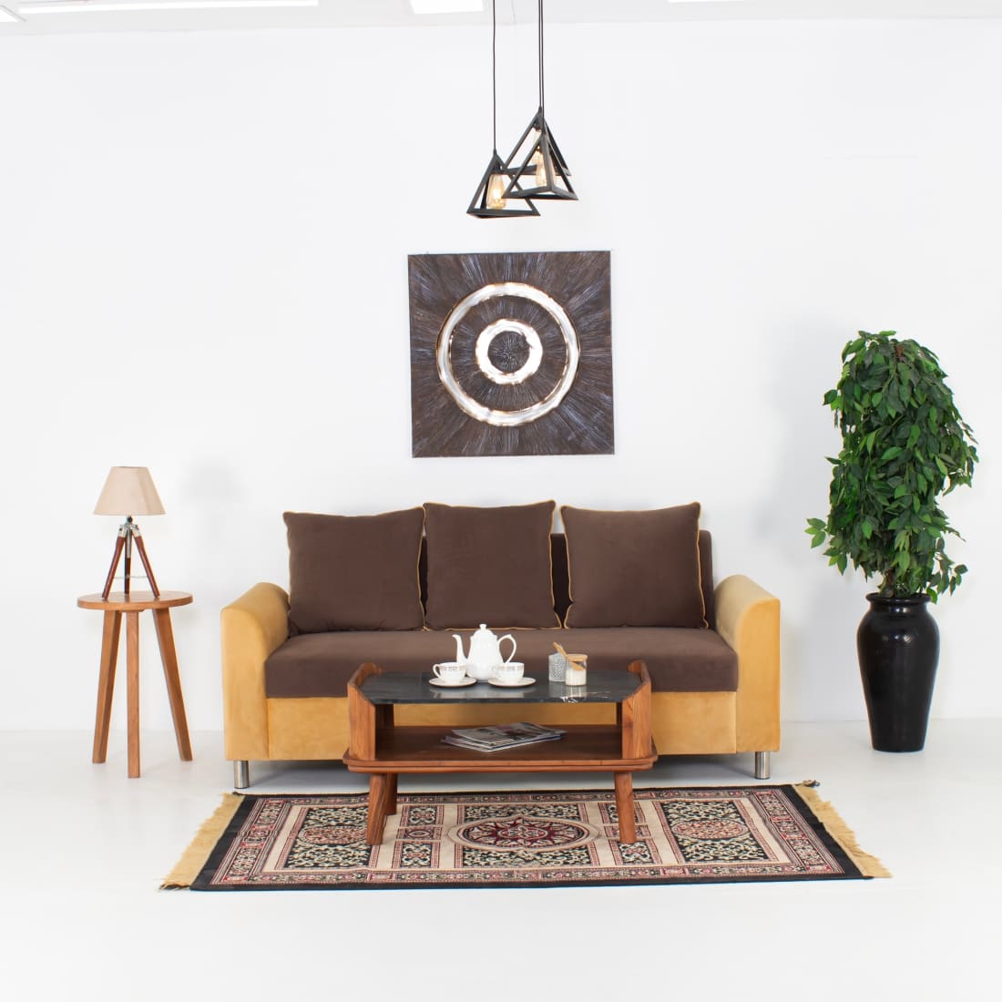 Aura 3-Seater Velvet Sofa In Brown And Yellow Colour - Peachtree Home