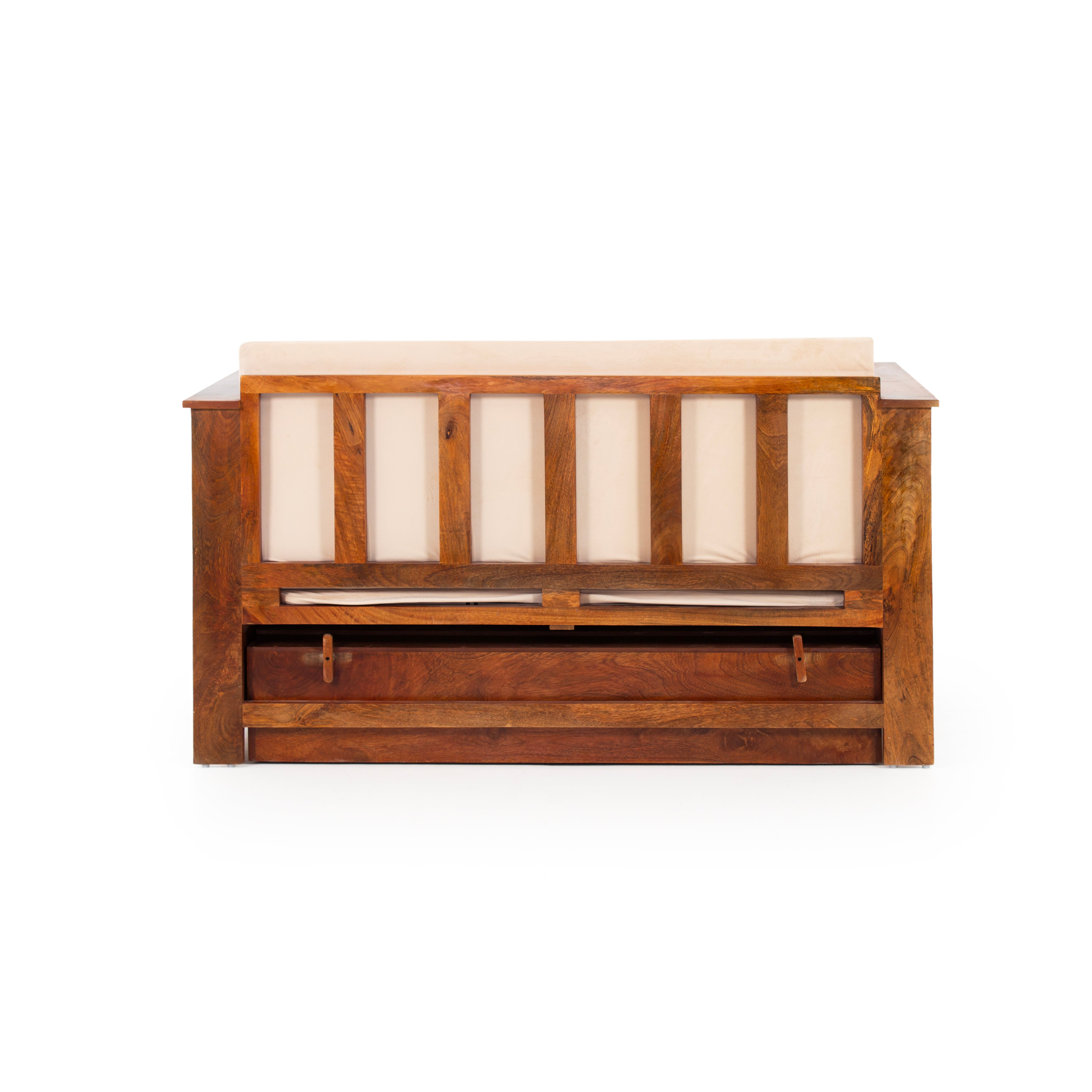 Peachtree Kaya Wooden Three Seater Sofa Cum Bad (Natural Wood) - Peachtree Home