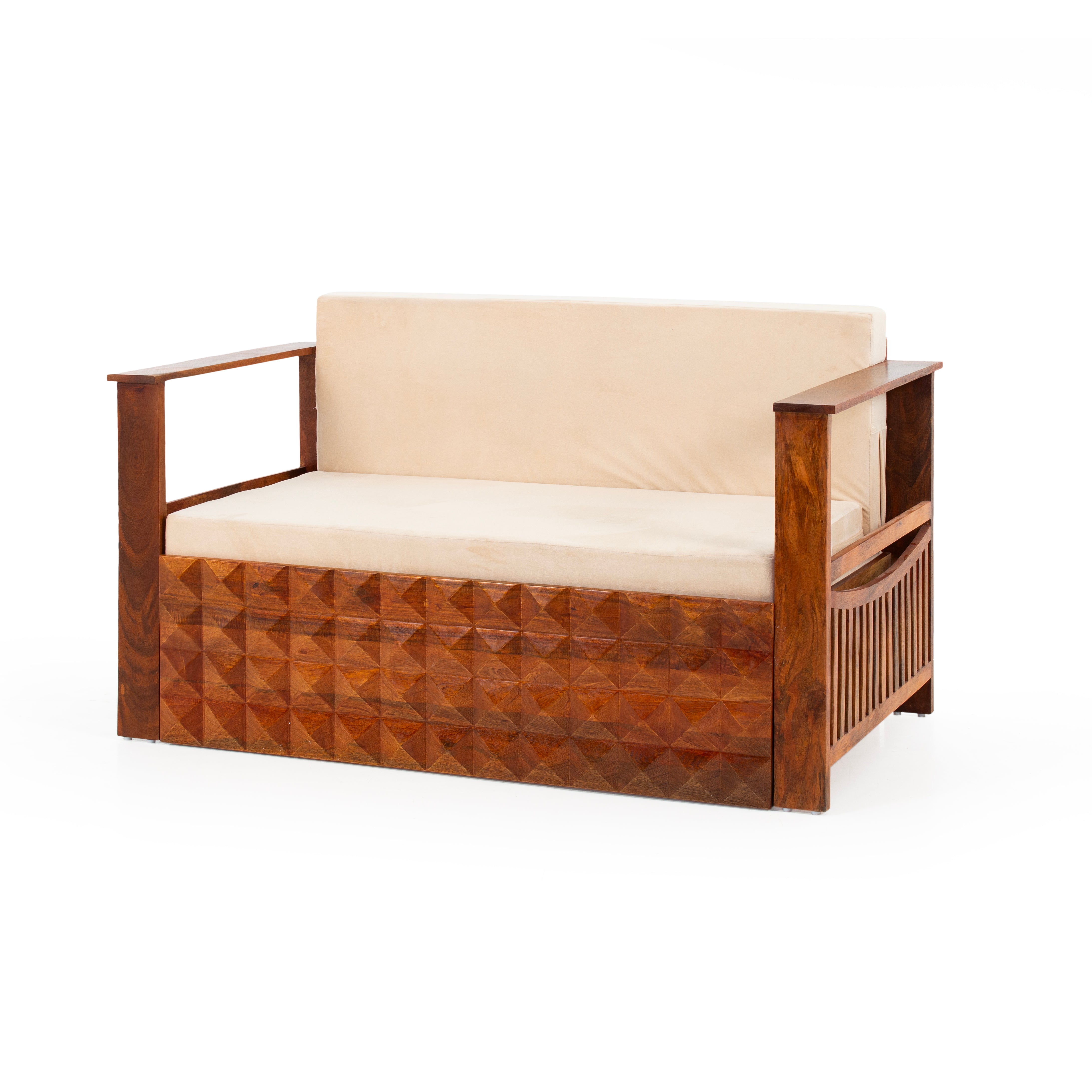 Peachtree Kaya Wooden Three Seater Sofa Cum Bad (Natural Wood) - Peachtree Home