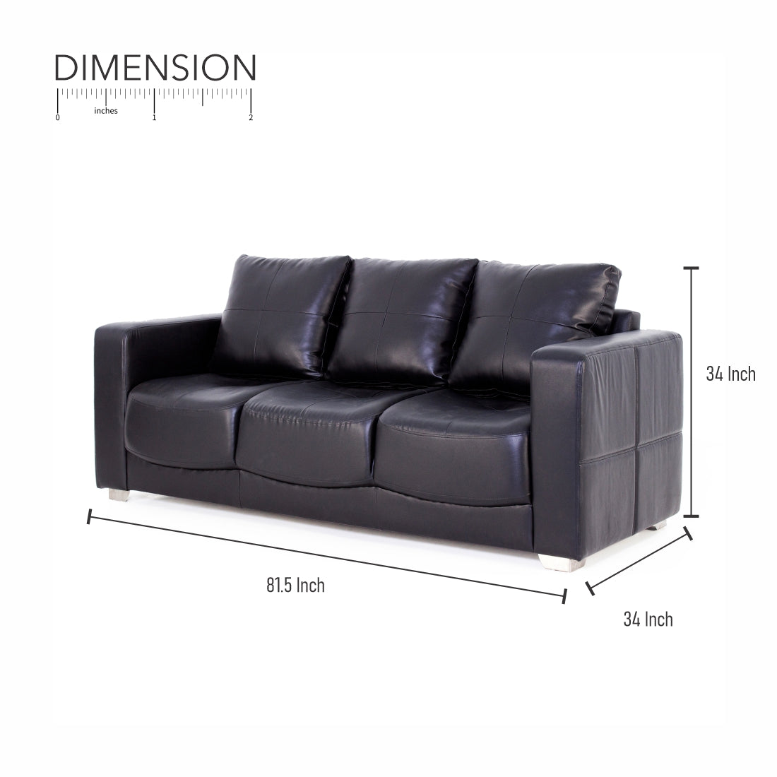 Orchid Leatherite 3-Seater Sofa In Black Colour - Peachtree Home