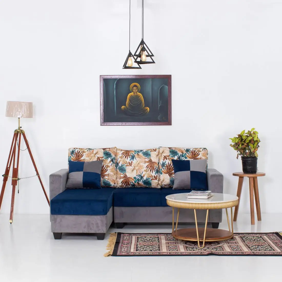 Urban 3-seater Velvet Sofa Set In Blue And Grey Colour - Peachtree Home