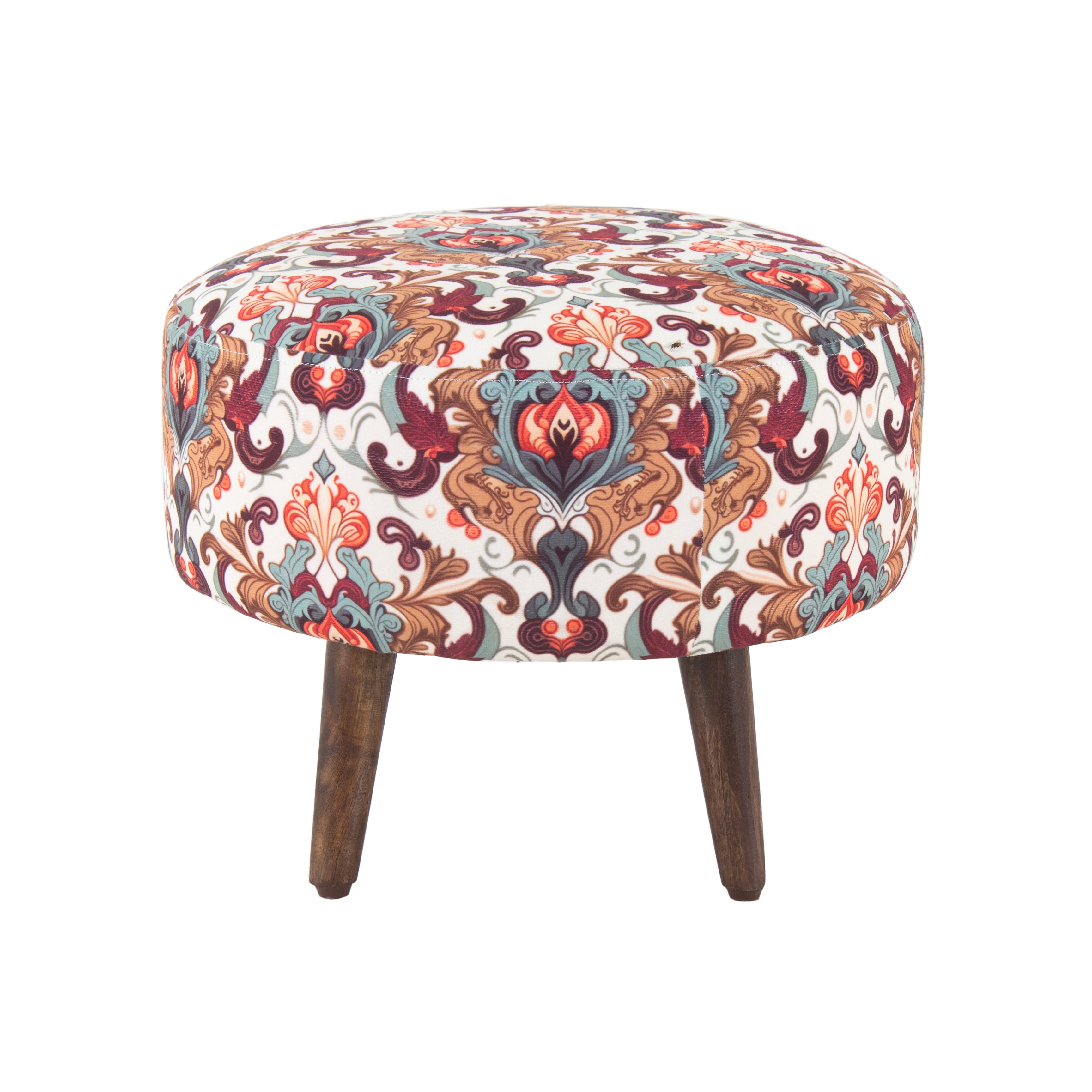 Printed Round Shape Wooden Pouf (12 Inch, Set of 2) - Peachtree Home