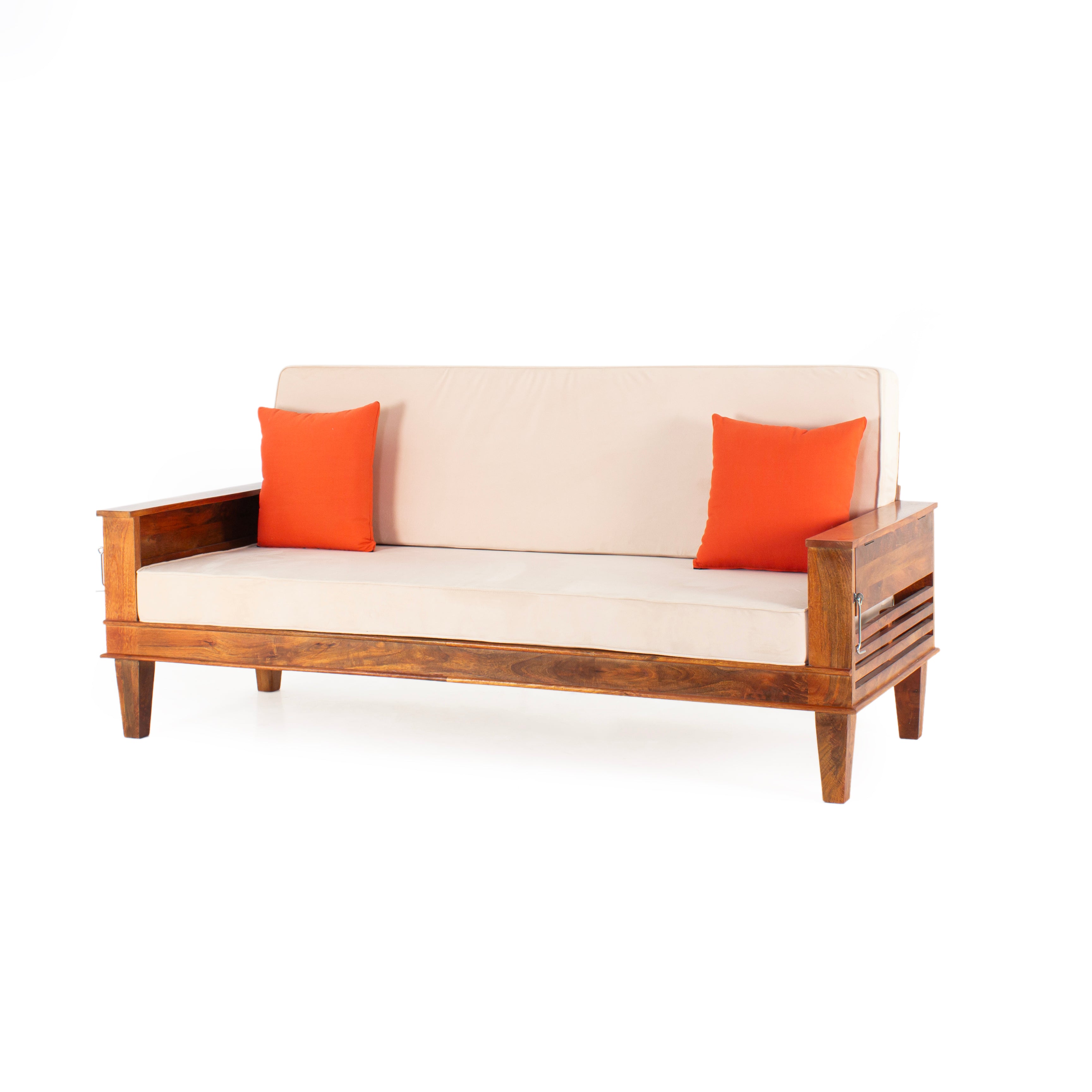 Peachtree Kaira Three Seater Sofa Wooden Cum Bed Velvet Fabric (Natural Wood) - Peachtree Home
