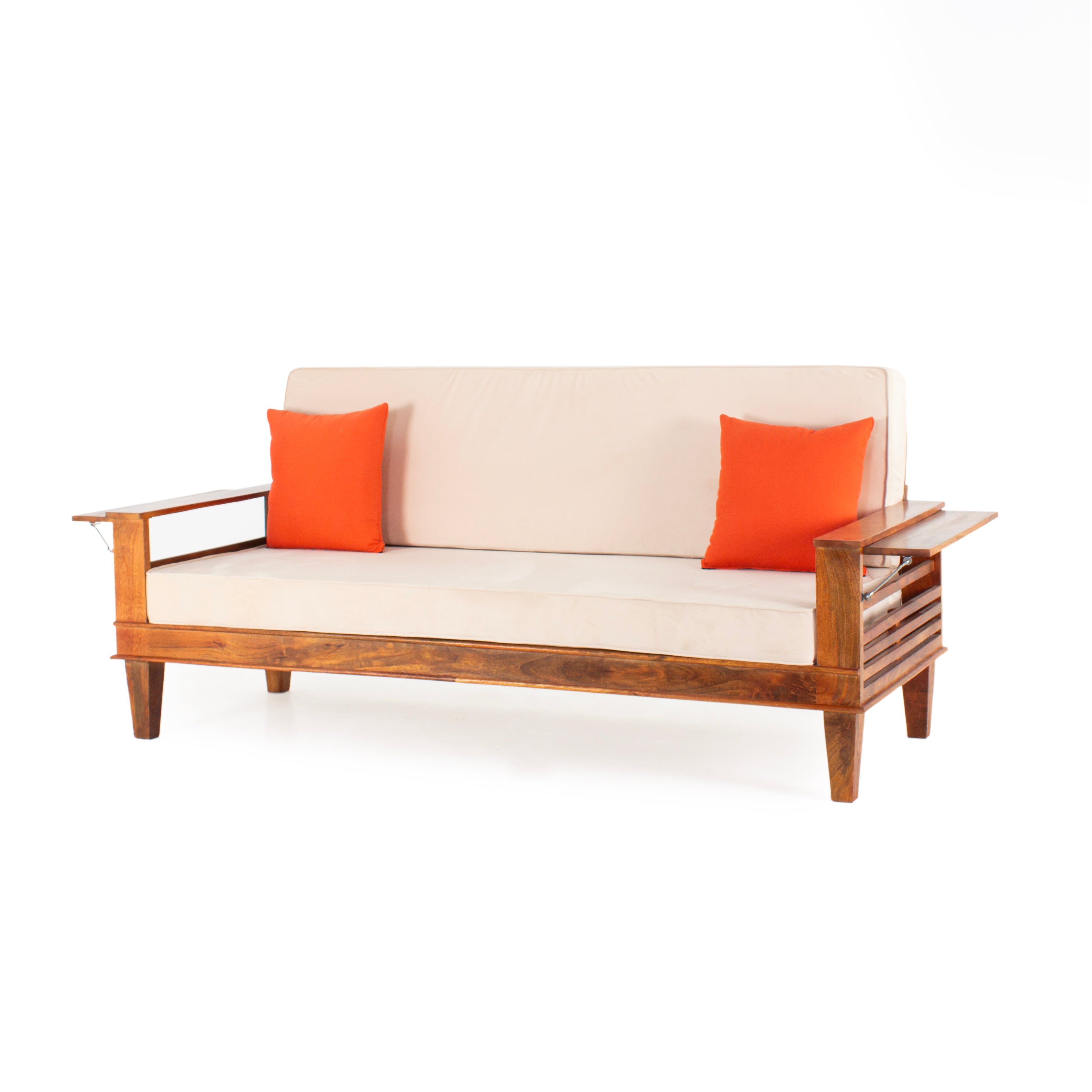 Peachtree Kaira Three Seater Sofa Wooden Cum Bed Velvet Fabric (Natural Wood) - Peachtree Home