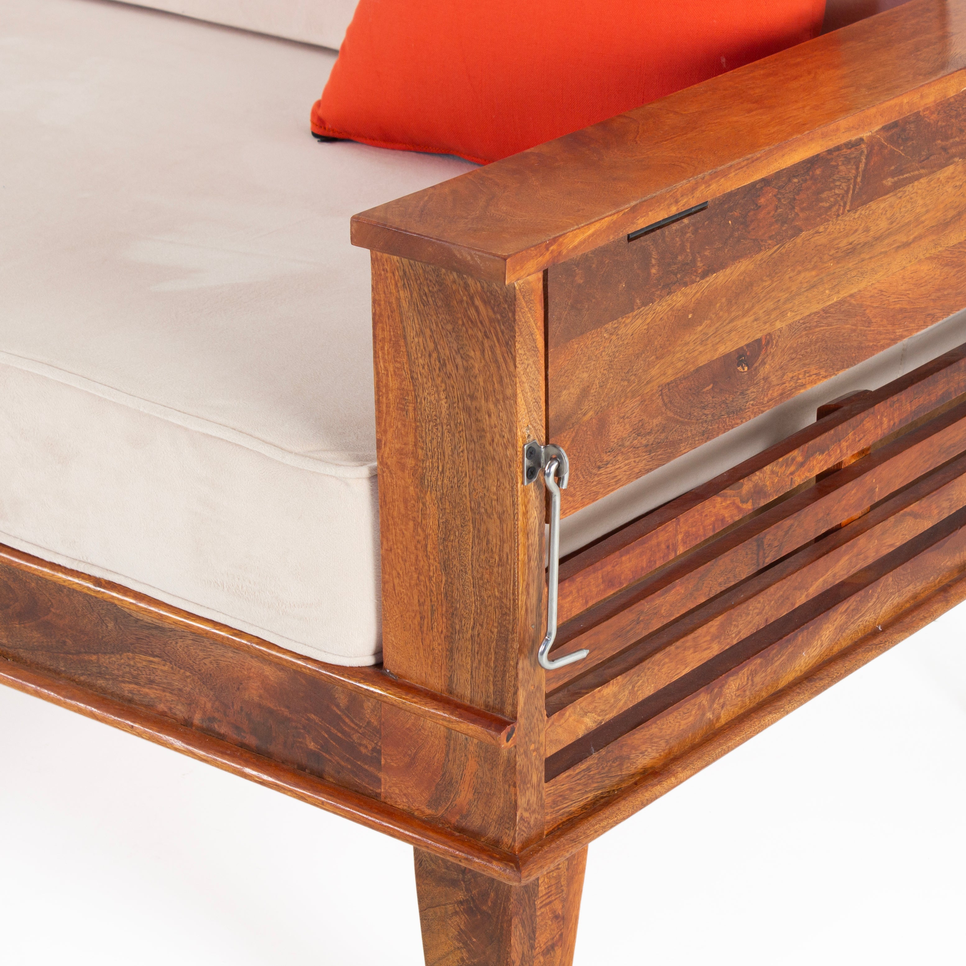 Peachtree Kaira Three Seater Sofa Wooden Cum Bed Velvet Fabric (Natural Wood) - Peachtree Home