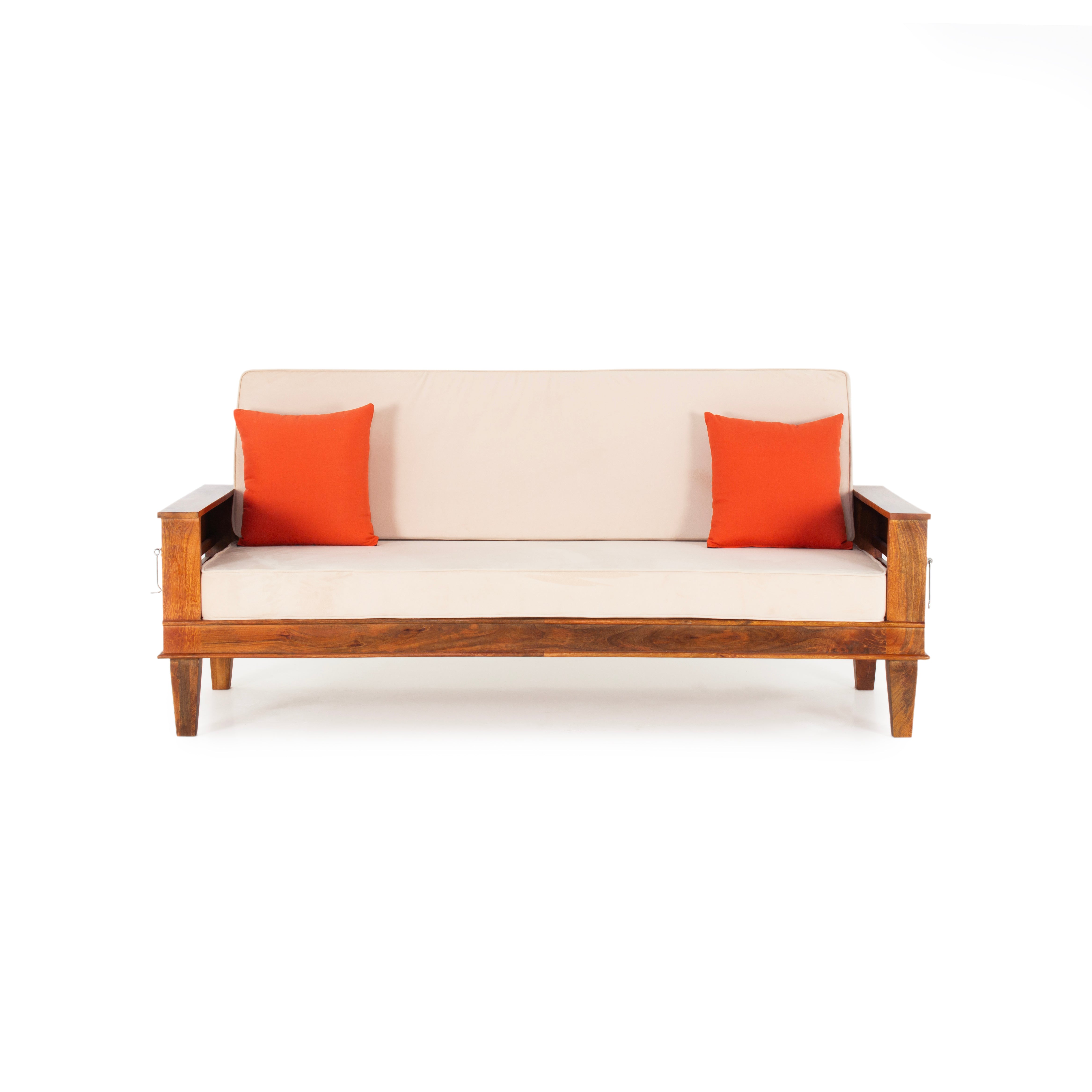 Peachtree Kaira Three Seater Sofa Wooden Cum Bed Velvet Fabric (Natural Wood) - Peachtree Home