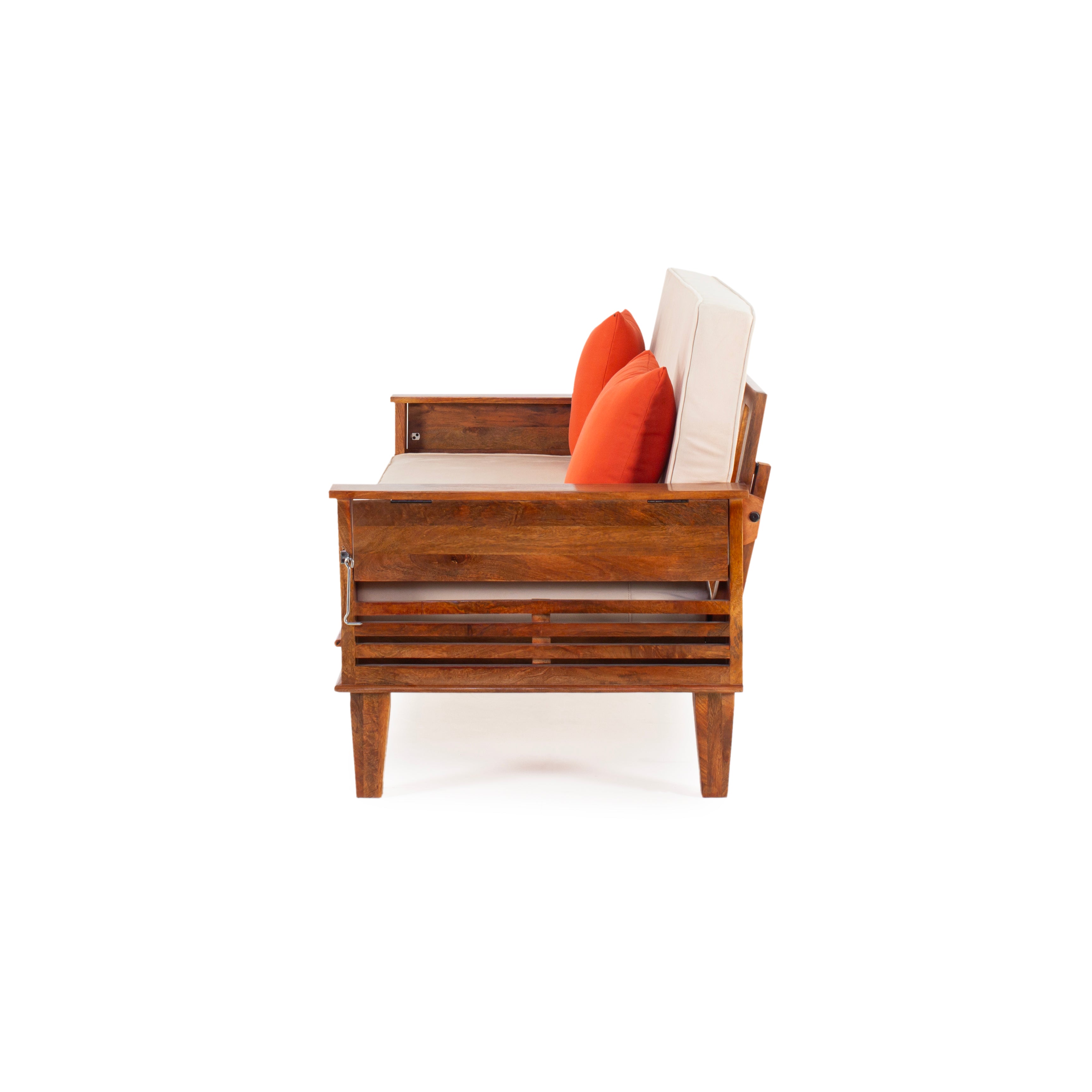 Peachtree Kaira Three Seater Sofa Wooden Cum Bed Velvet Fabric (Natural Wood) - Peachtree Home