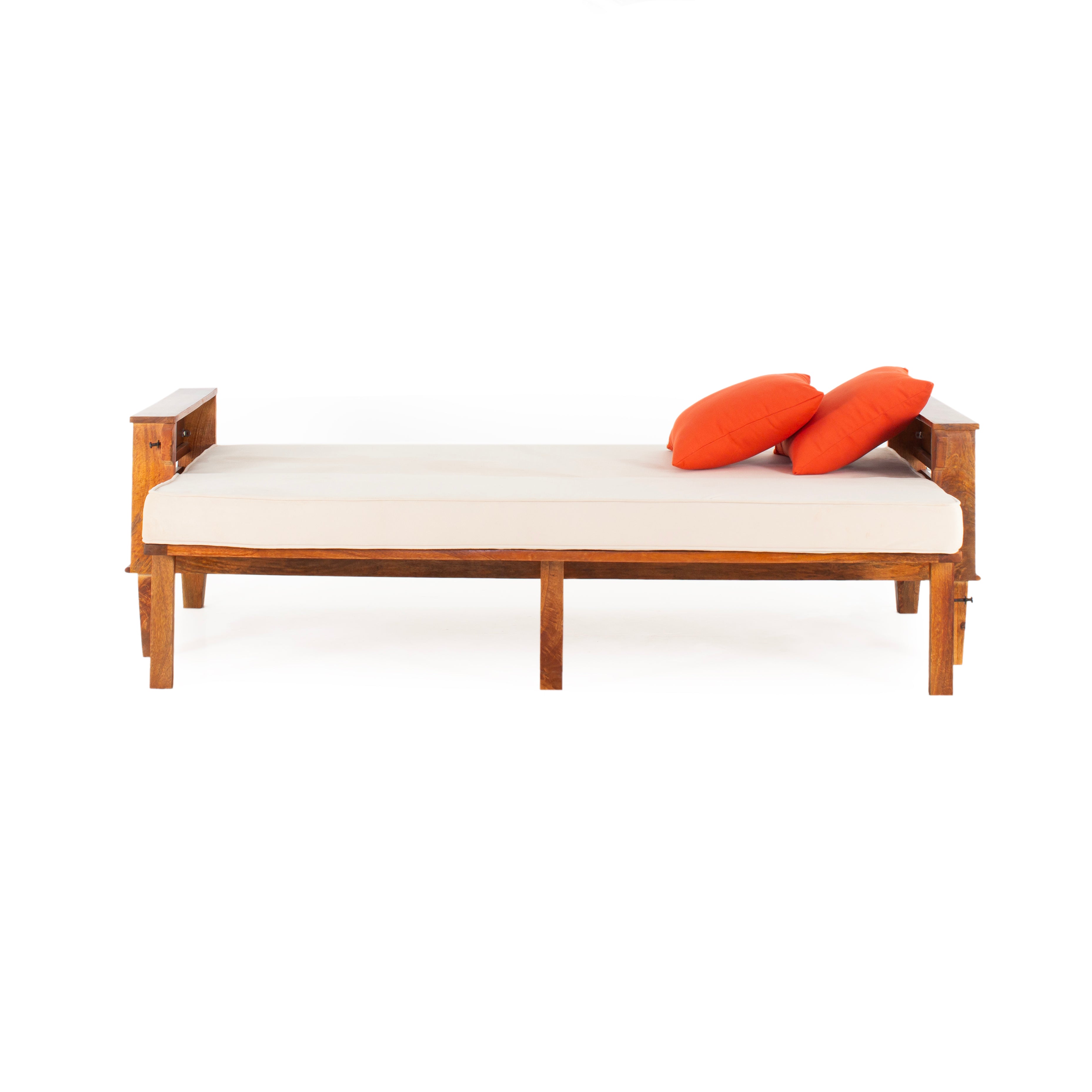 Peachtree Kaira Three Seater Sofa Wooden Cum Bed Velvet Fabric (Natural Wood) - Peachtree Home
