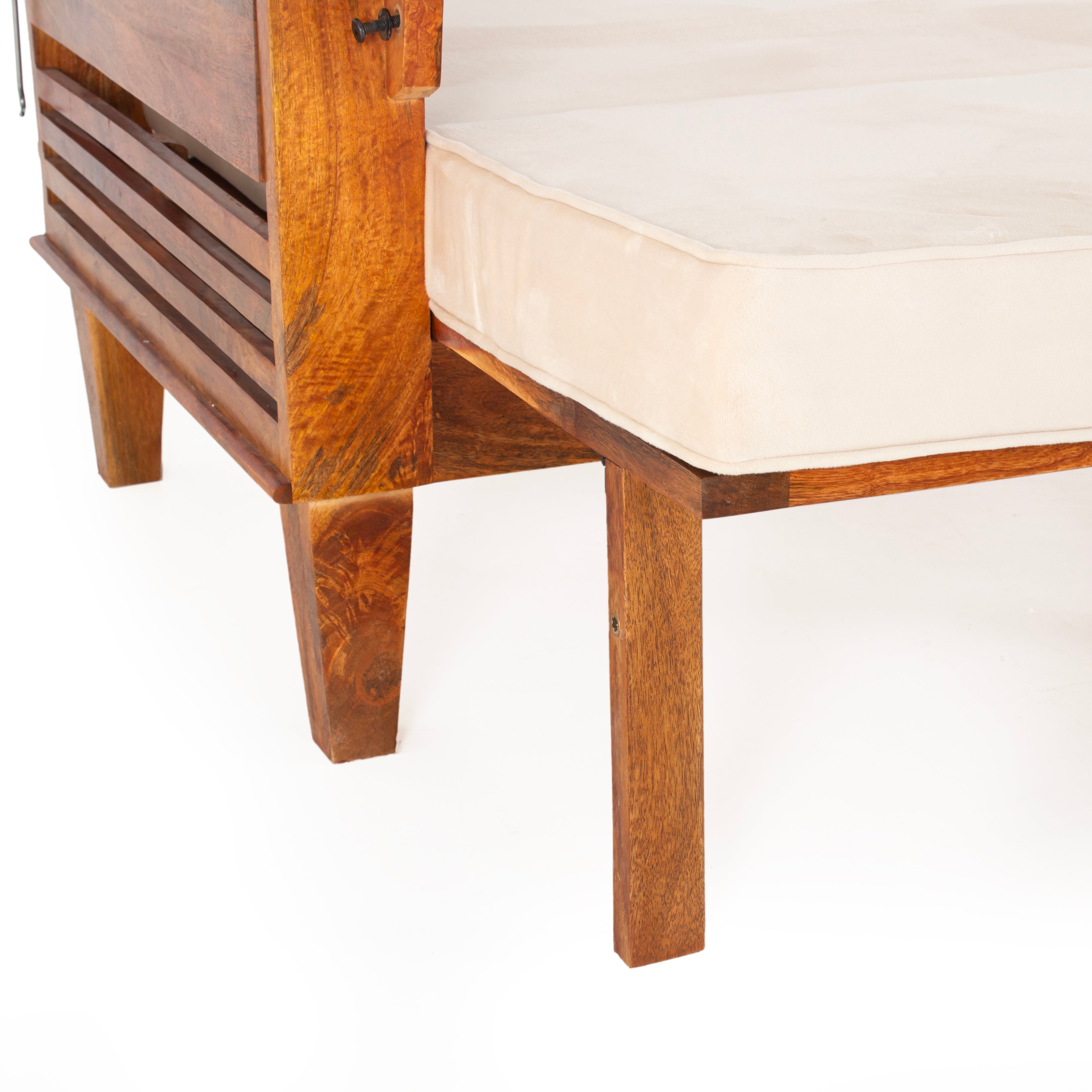 Peachtree Kaira Three Seater Sofa Wooden Cum Bed Velvet Fabric (Natural Wood) - Peachtree Home