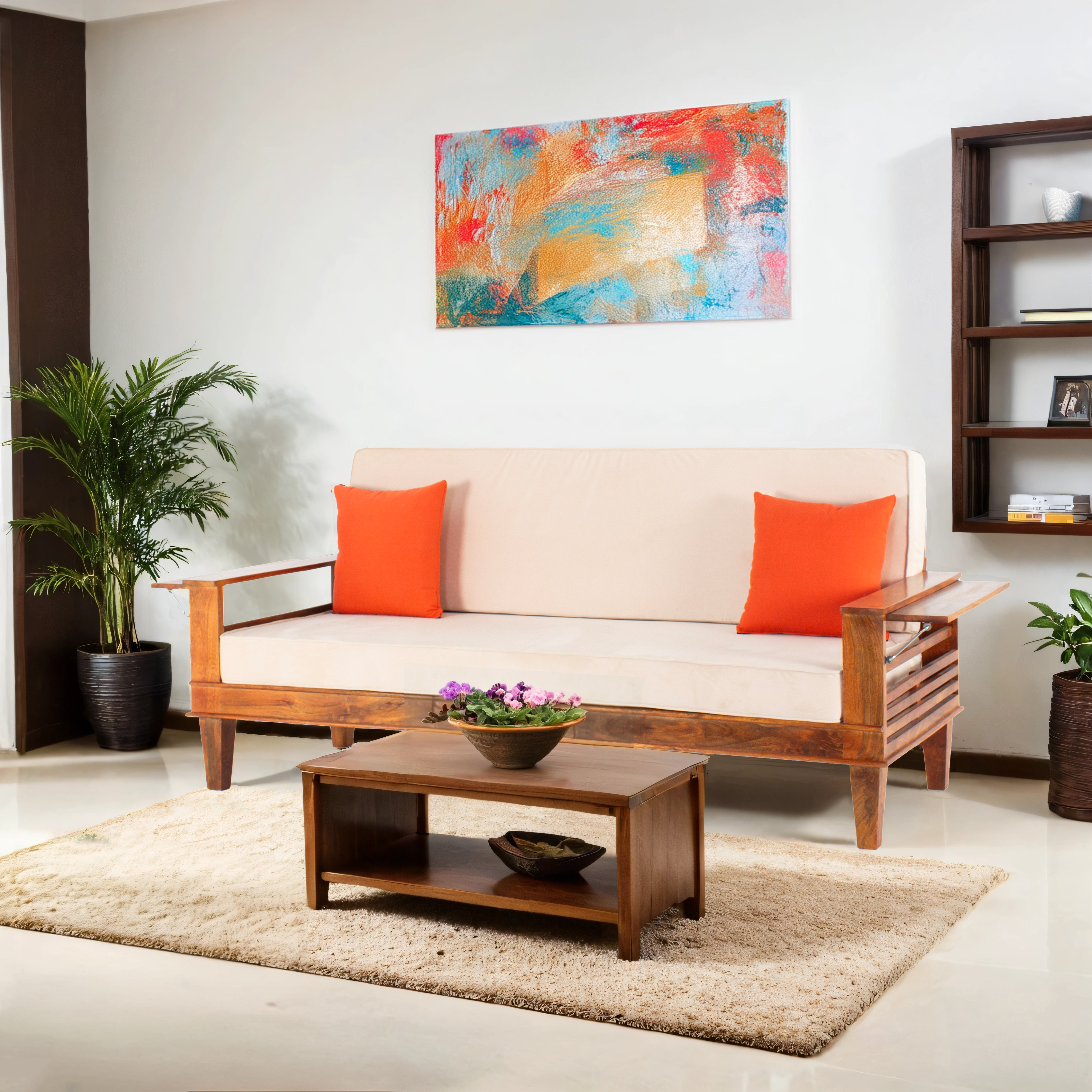 Peachtree Kaira Three Seater Sofa Wooden Cum Bed Velvet Fabric (Natural Wood) - Peachtree Home