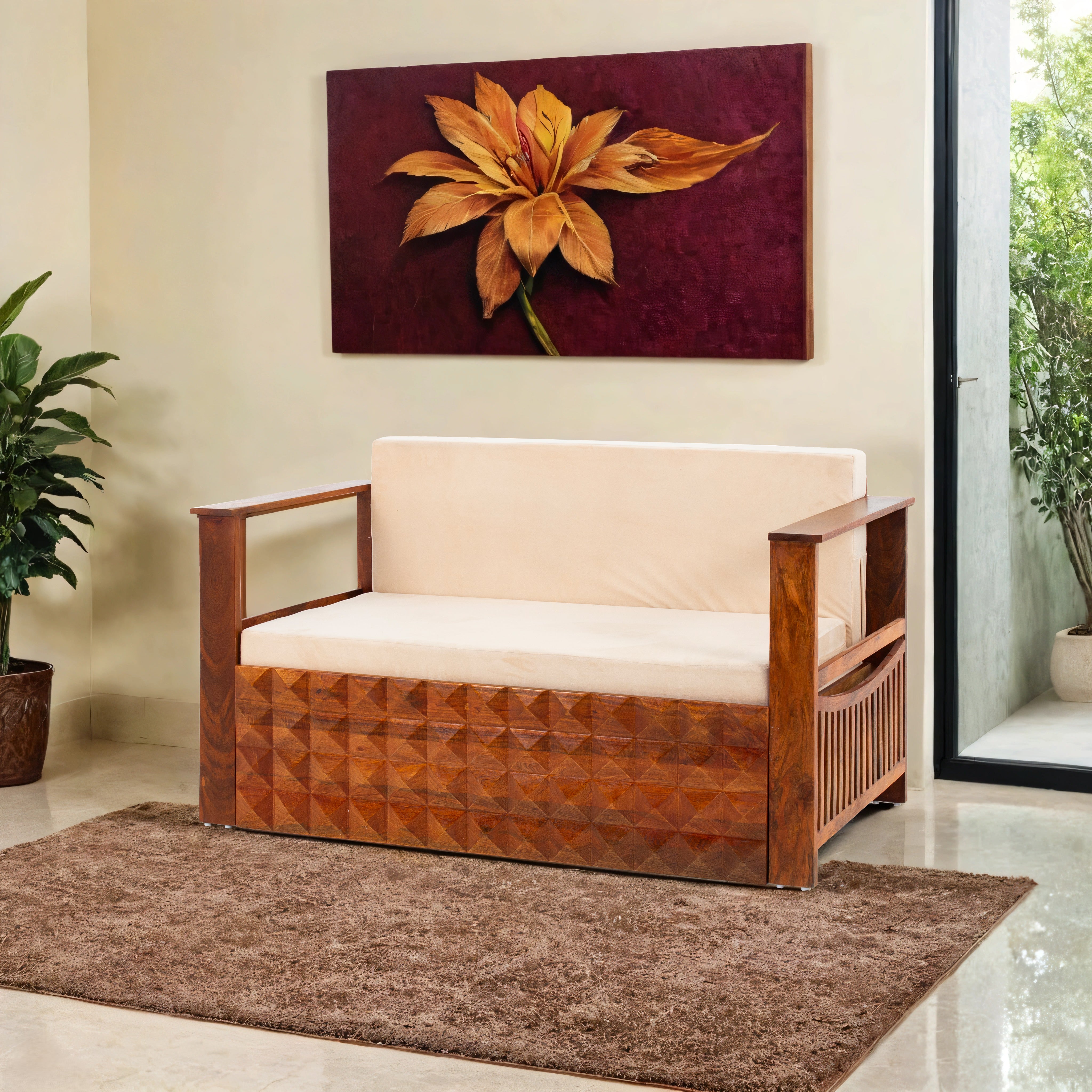 Peachtree Kaya Wooden Three Seater Sofa Cum Bad (Natural Wood) - Peachtree Home