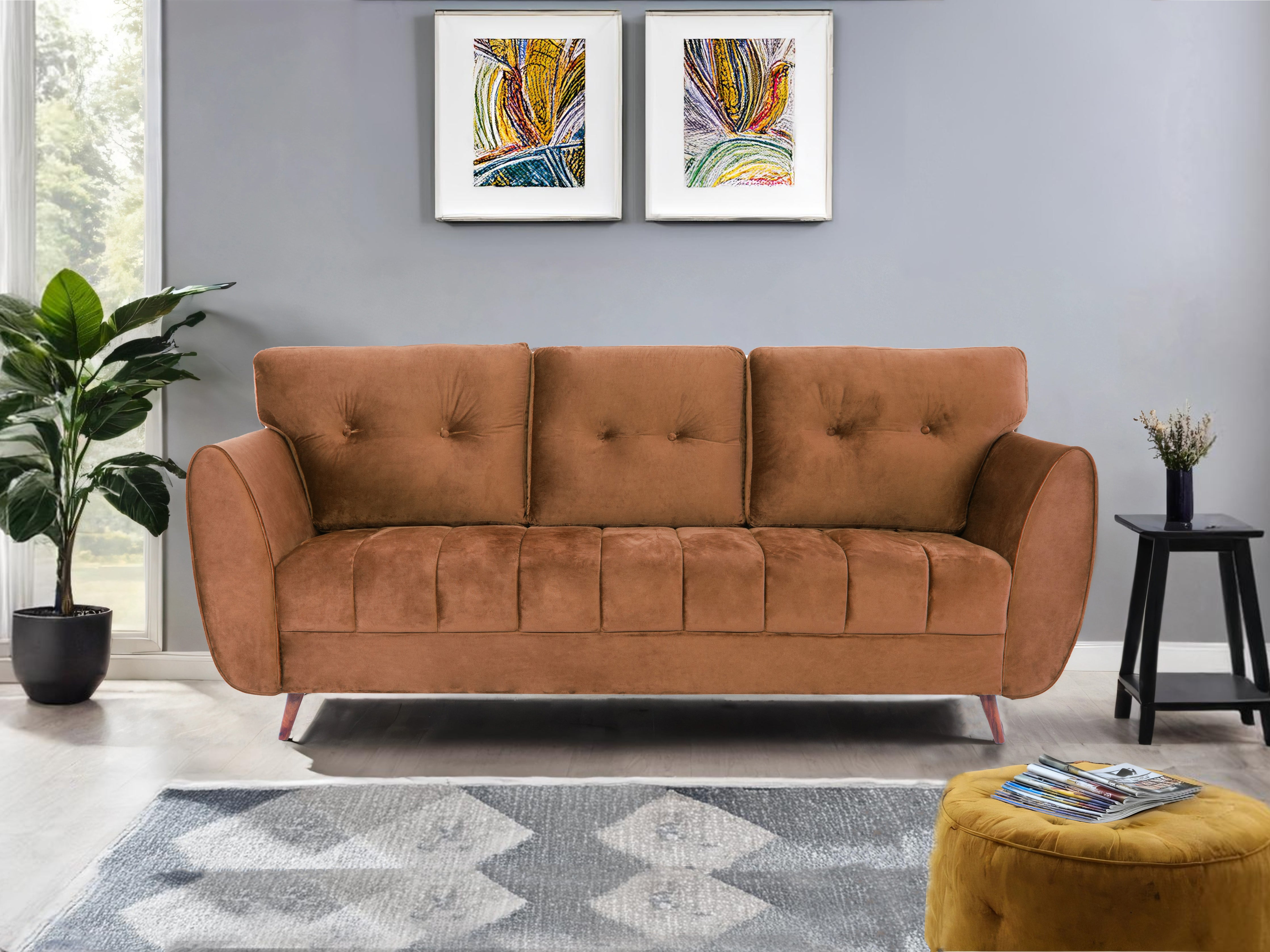 Peachtree Eden Three Seater Sofa Velvet Fabric (Brown) - Peachtree Home
