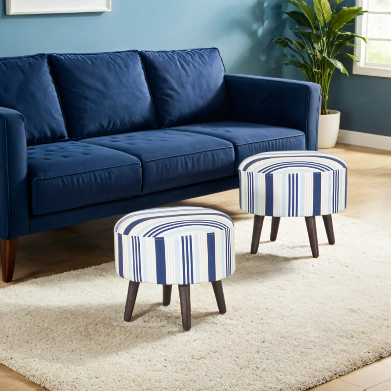 Stripes Printed Round Shape Pouf (12 Inch, Set of 2) - Peachtree Home