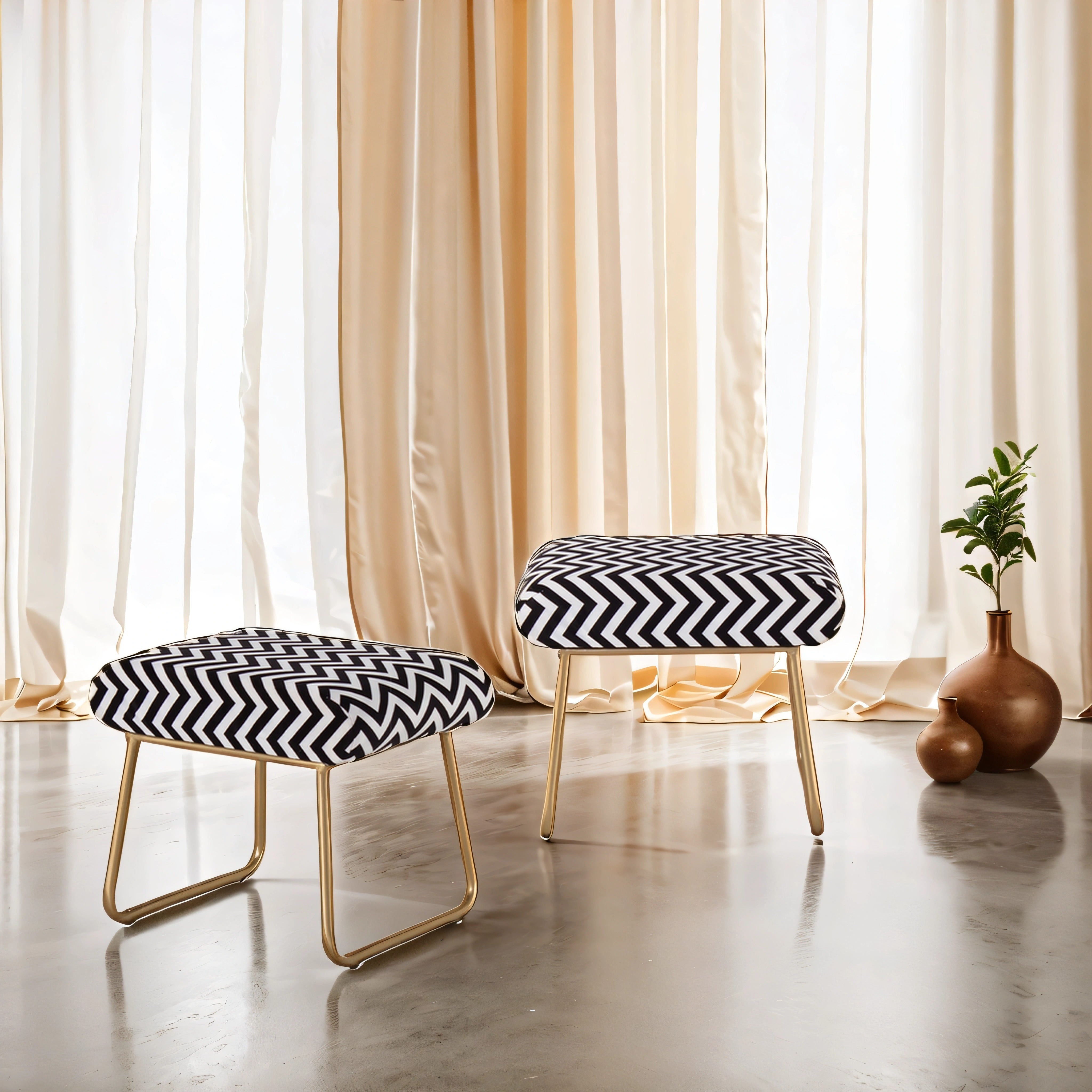 Printed Stool For Living Room, Ottoman (Black & White) - Peachtree Home