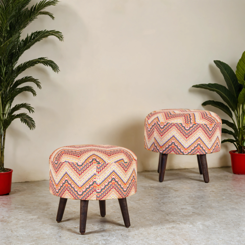 Peachtree Printed Multi Color Pouf (Set of 2) - Peachtree Home