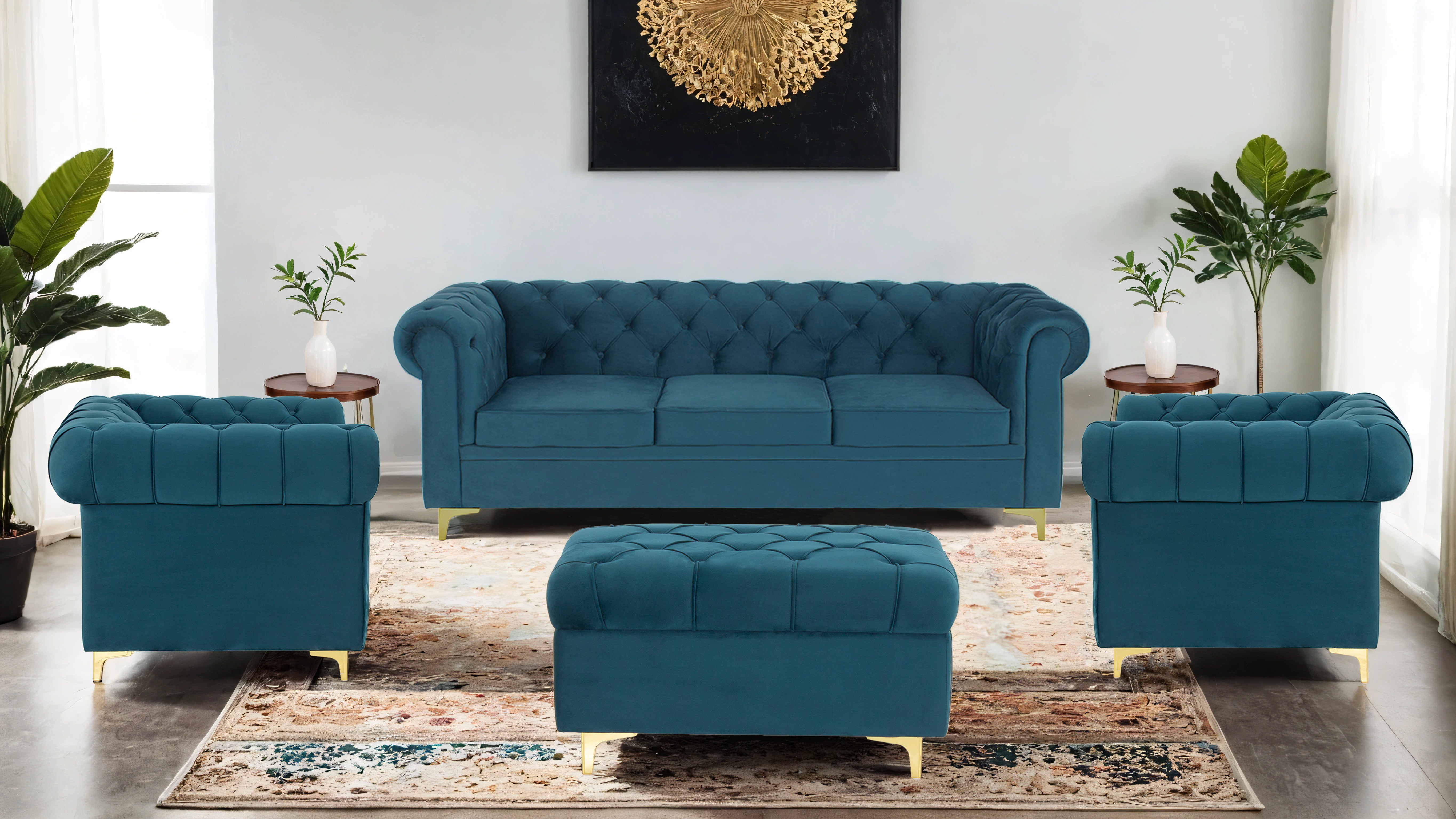 Peachtree Chesterfield Ottoman Velvet Fabric (Green) - Peachtree Home