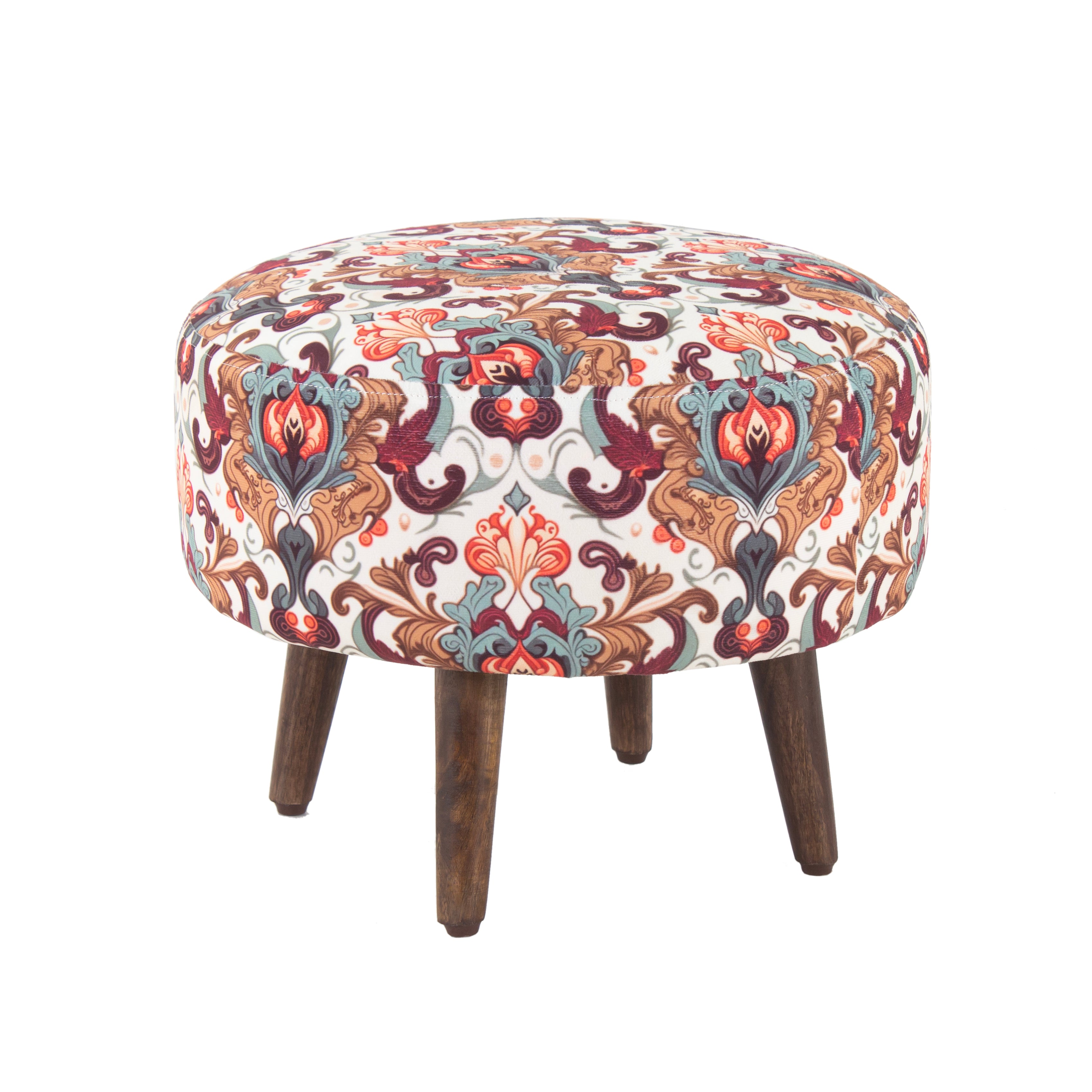 Printed Round Shape Wooden Pouf (12 Inch, Set of 2)