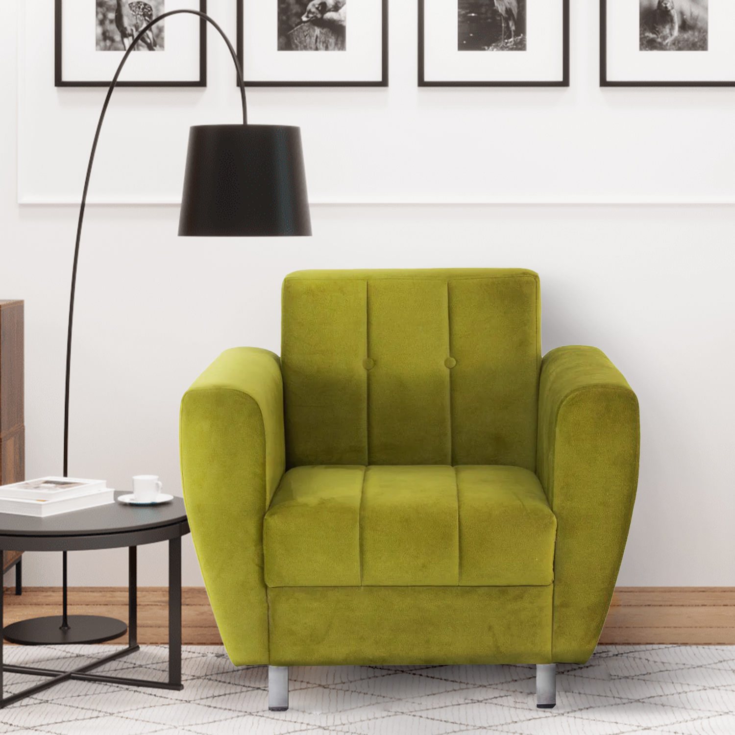 Albeta Cotton Velvet Chair With Arm in Green Colour