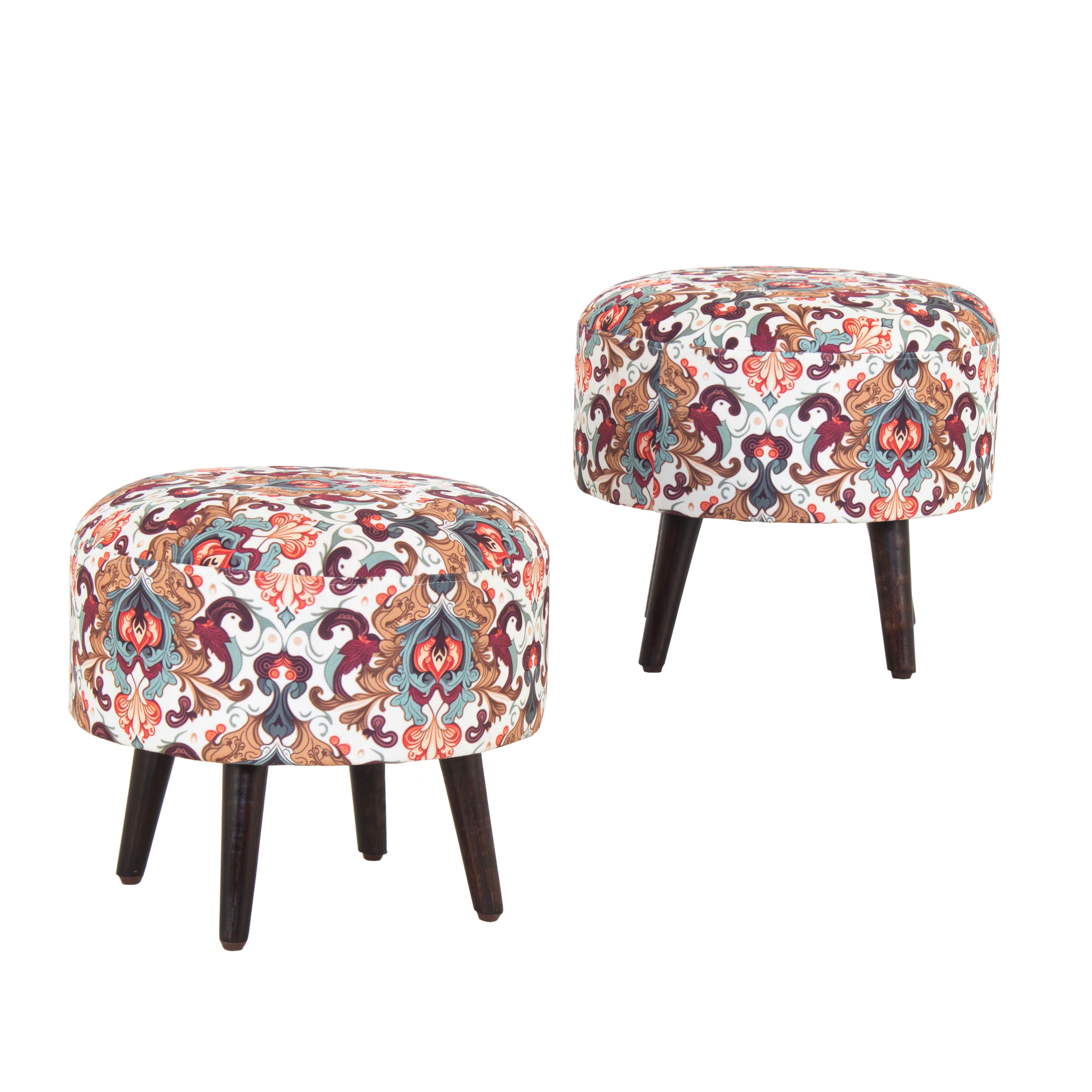 Printed Round Shape Wooden Pouf (12 Inch, Set of 2)