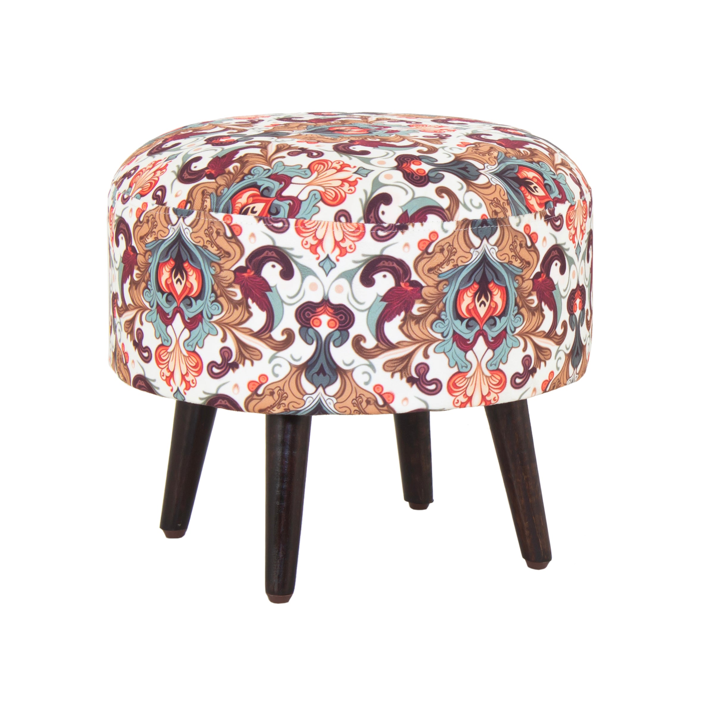 Printed Round Shape Wooden Pouf (12 Inch, Set of 2)