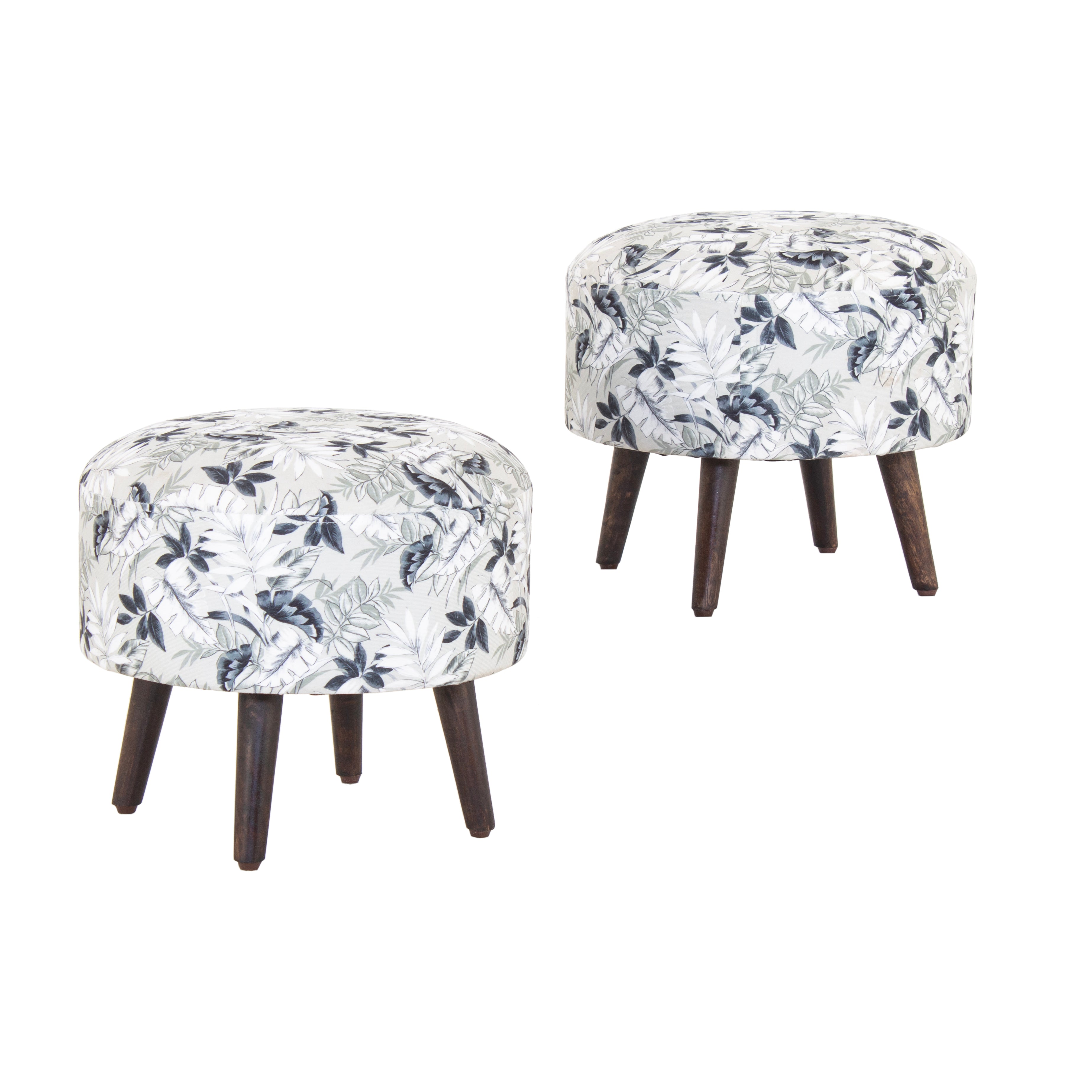 Floral Printed Round Shape Stool, Pouf (12 Inch, Set of 2)