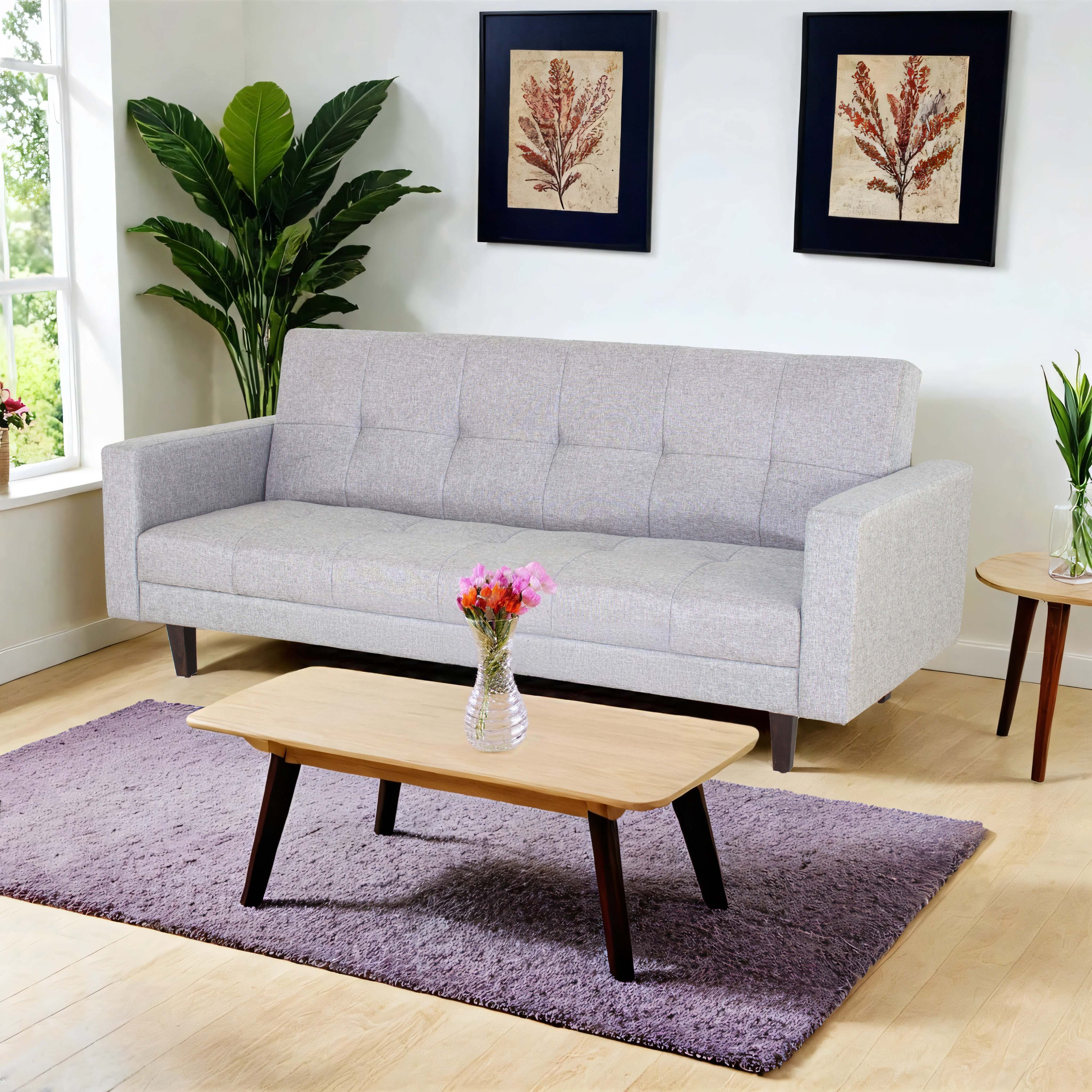 Cozy 3-seater Jute Sofa Cum Bed In Light Grey Colour