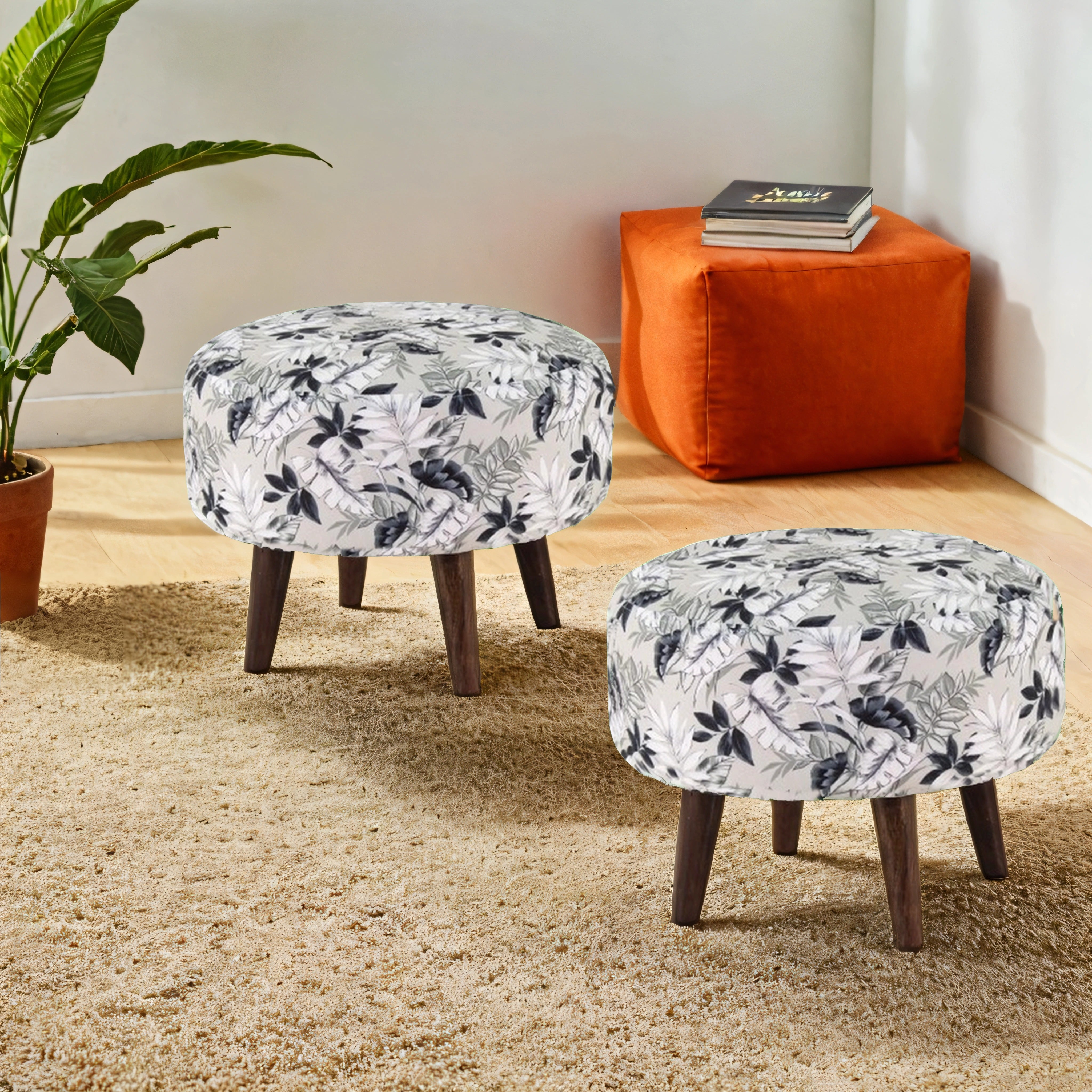 Floral Printed Round Shape Stool, Pouf (12 Inch, Set of 2)