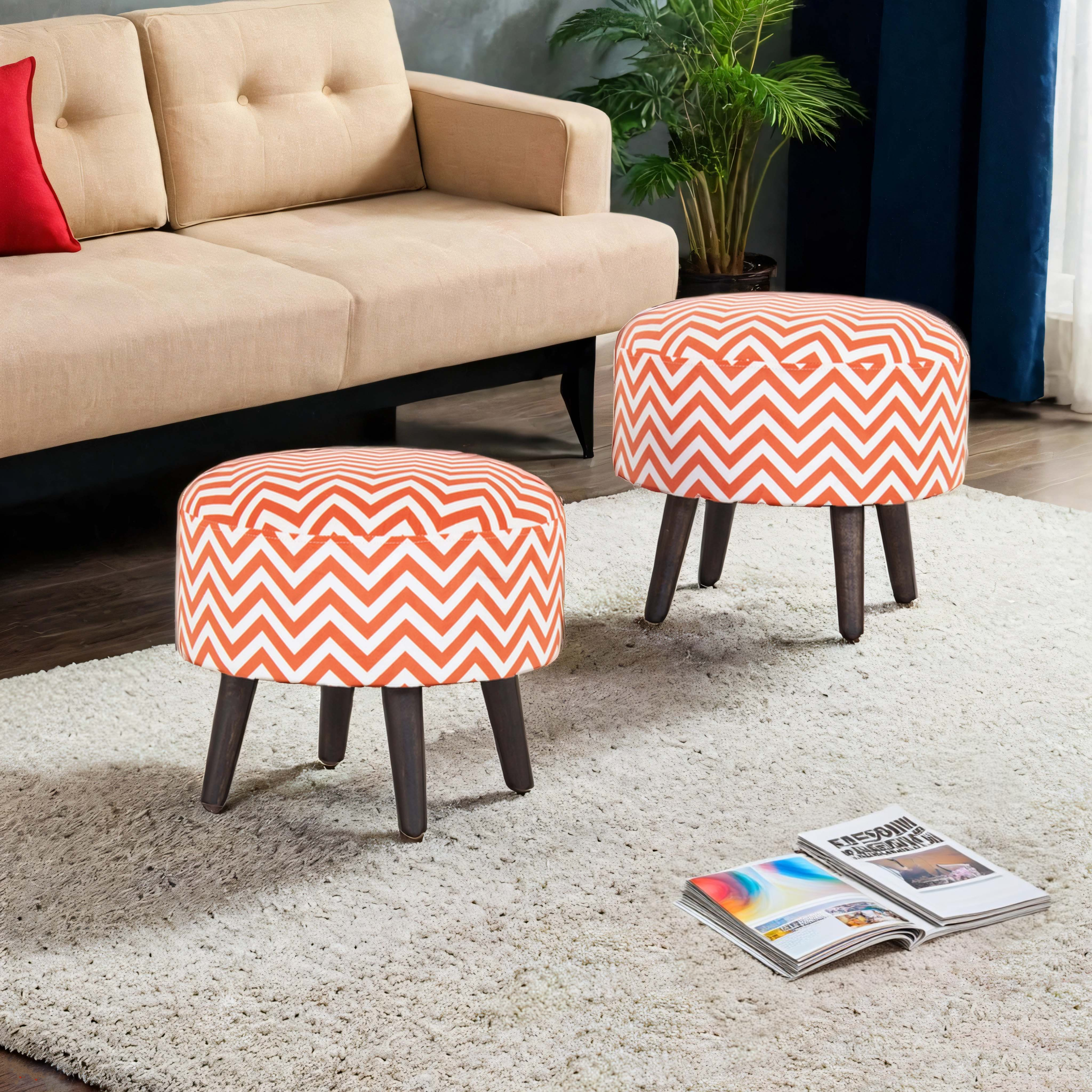 Zigzag Printed Round Shape Pouf (12 Inch, Set of 2)