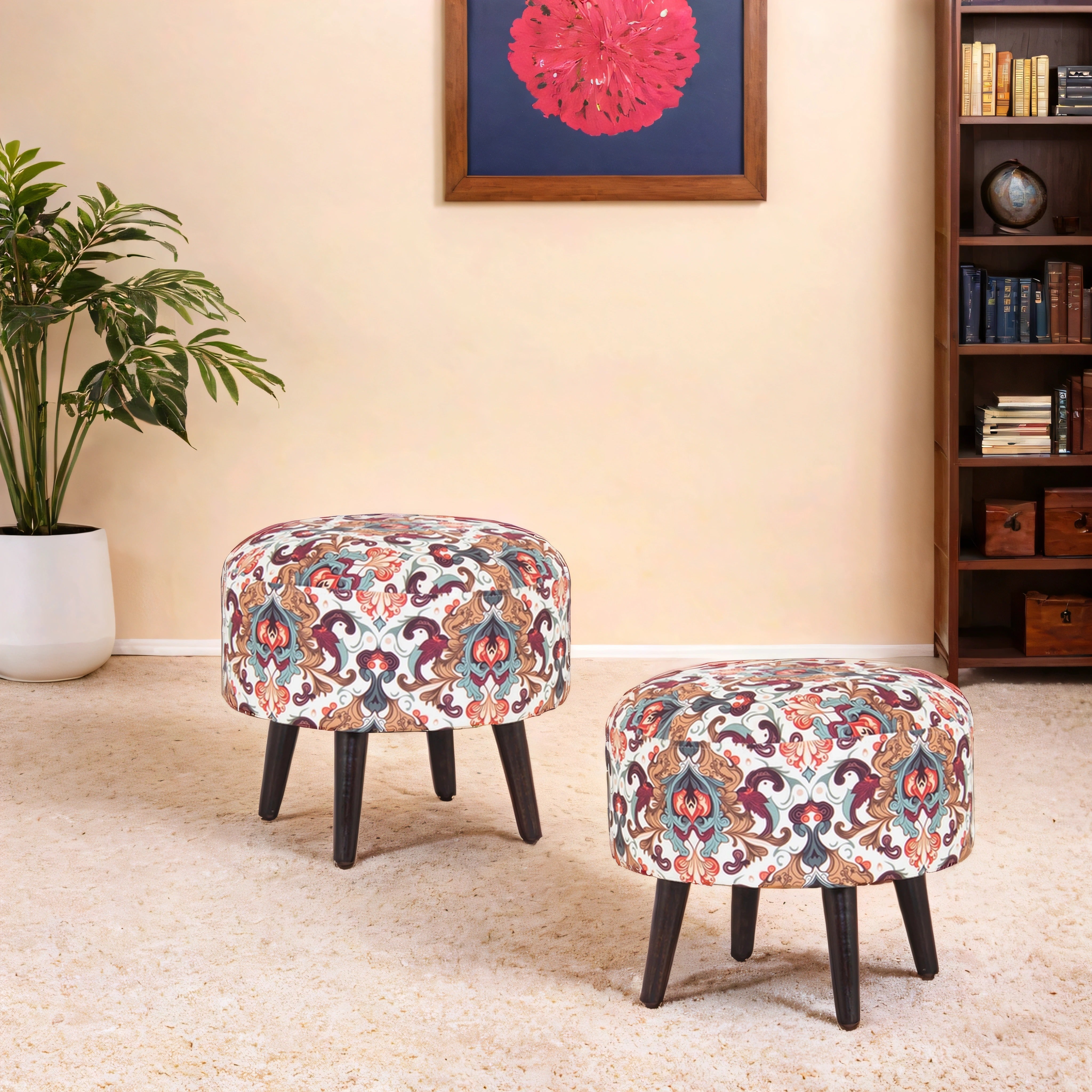 Printed Round Shape Wooden Pouf (12 Inch, Set of 2)