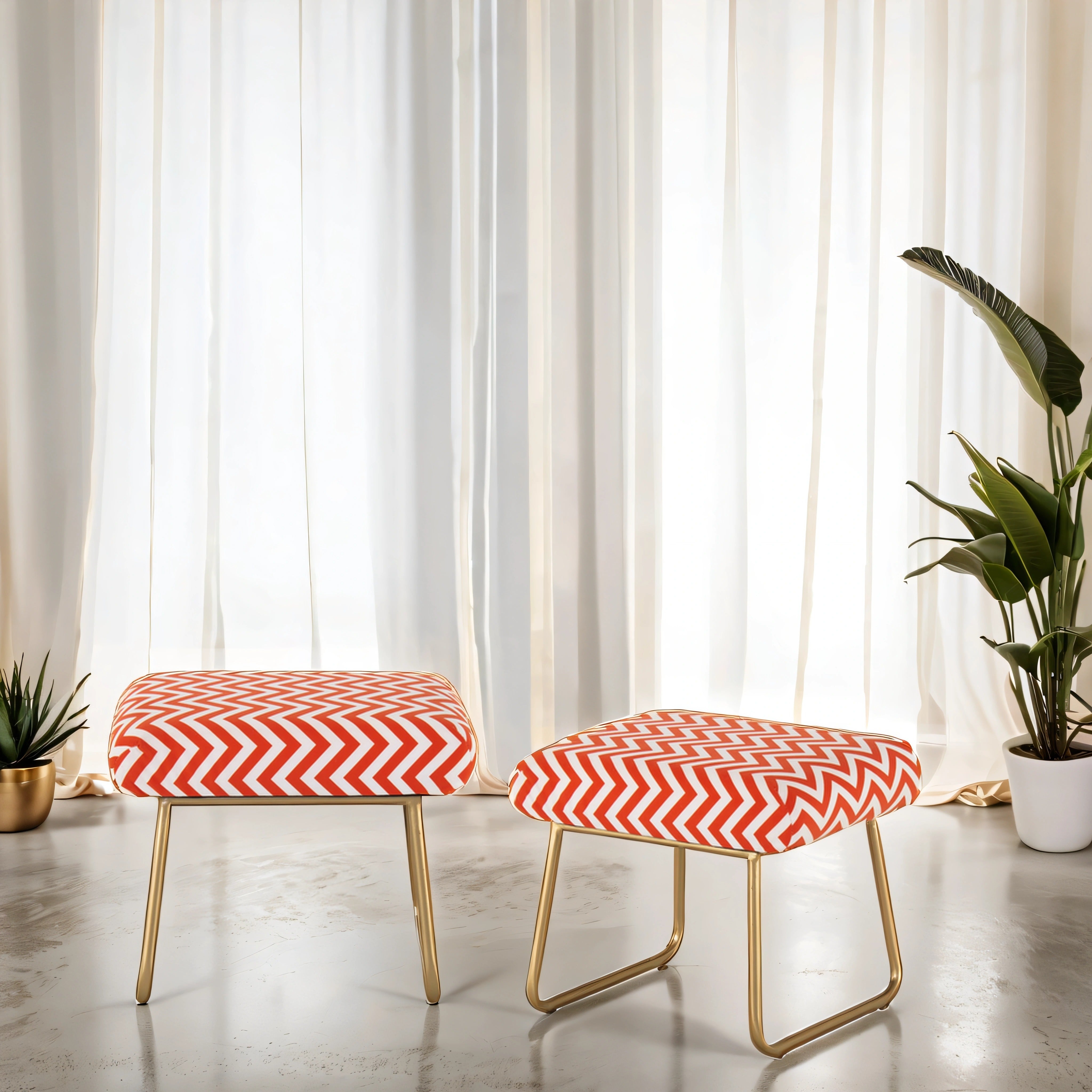 Printed Stool For Living Room, Ottoman (Red & White)